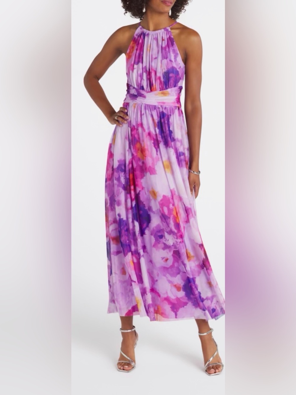 London Times Lavender Floral Halter Maxi Dress
